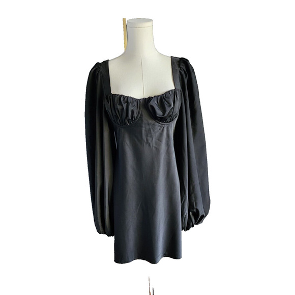 Jagger & Stone Liv Black Satin Balloon Long Sleeve Peasant Mini Bodycon Dress 8 - Picture 4 of 6